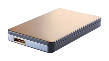 External Gold USB Drive with Sleek Black and Silver Design on transparent background