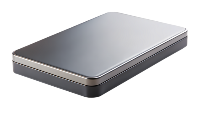 Sleek and modern gray metallic rectangular box with reflective silver trim elements