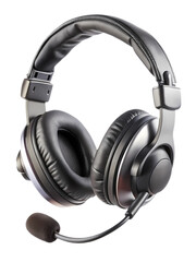 Studio quality black headphones with microphone on a pure white backdrop