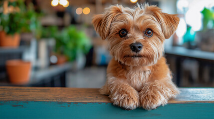 Charming Yorkshire Terrier puppy with fluffy fur and expressive eyes resting its paws on a wooden surface indoors