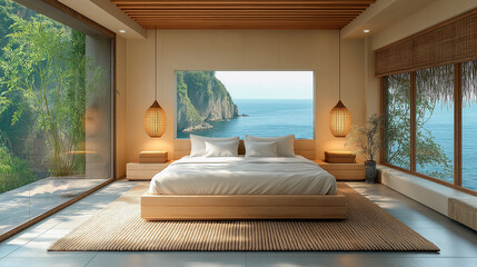 Luxury coastal bedroom with ocean views, minimalist tropical interior design. Summer time