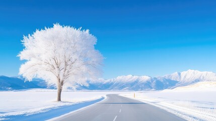 Frost-Covered Tree Winter Road Serene Landscape High-Definition Vivid Colors Landscape Wide Shot Snowy Scene Tranquil Solitude Bright Blue Winter Wonderland Calming Travel Photography