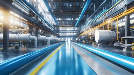 Obraz premium Large Industrial Building with Blue Pipes and Modern Equipment