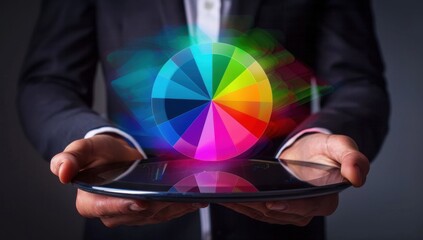Businessman showing a virtual colorful pie chart on a tablet, related to online stock trading technology and market growth.