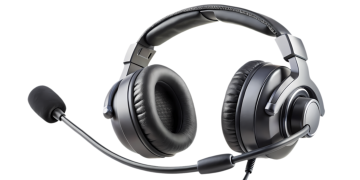 Black professional gaming headset with microphone isolated on a transparent background, studio shot