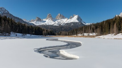 Serene winter landscape snow-covered lake with a winding river, majestic snow-capped mountains in the background under a clear blue sky.