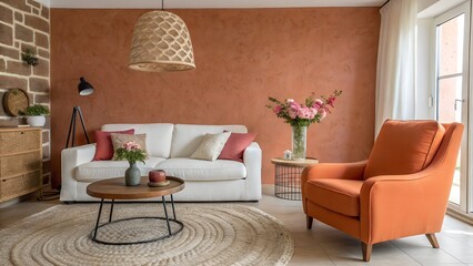 Stylish orange interior of living room with design sofa, decorations and home accessories.

