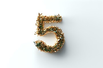 Number five made from golden glitter and green leaves on white background, isolated decorative numeral for festive design and typography.