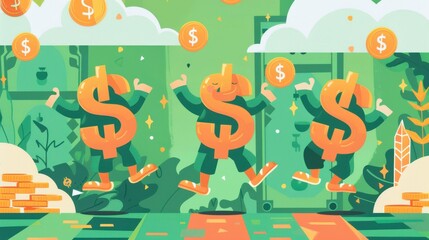 Naklejka premium Happy dollar characters dance in a geometric money garden. Coins float under cheerful clouds in vibrant green and gold hues.
