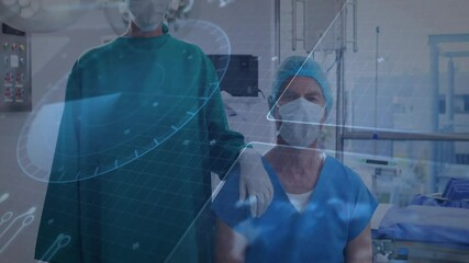 Healthcare worker placing hand on patient shoulder in OR, showing holographic data overlay - Powered by Adobe