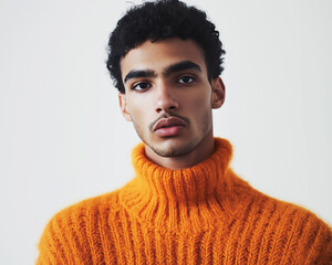 Obraz premium Portrait of a Confident Man in his Early Twenties, Intense Gaze, Wearing a Vibrant Orange Knit Turtleneck Sweater Against a Neutral Background; Stylish Male Fashion Model, High-Fashion Editorial