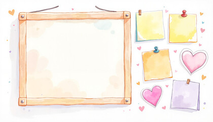 Fototapeta premium Blank watercolor frame with sticky notes and hearts 