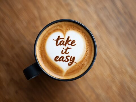 A beautifully crafted cup of coffee sits on a wooden table, displaying intricate latte art that spells out a warm reminder to take it easy, inviting relaxation and mindfulness.