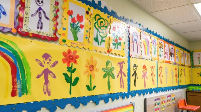 Cheerful kindergarten classroom walls display colorful finger paintings of flowers, rainbows, & happy stick figures on yellow bulletin boards.