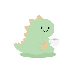 cute green dinosaur enjoying coffee vector design cartoon flat style