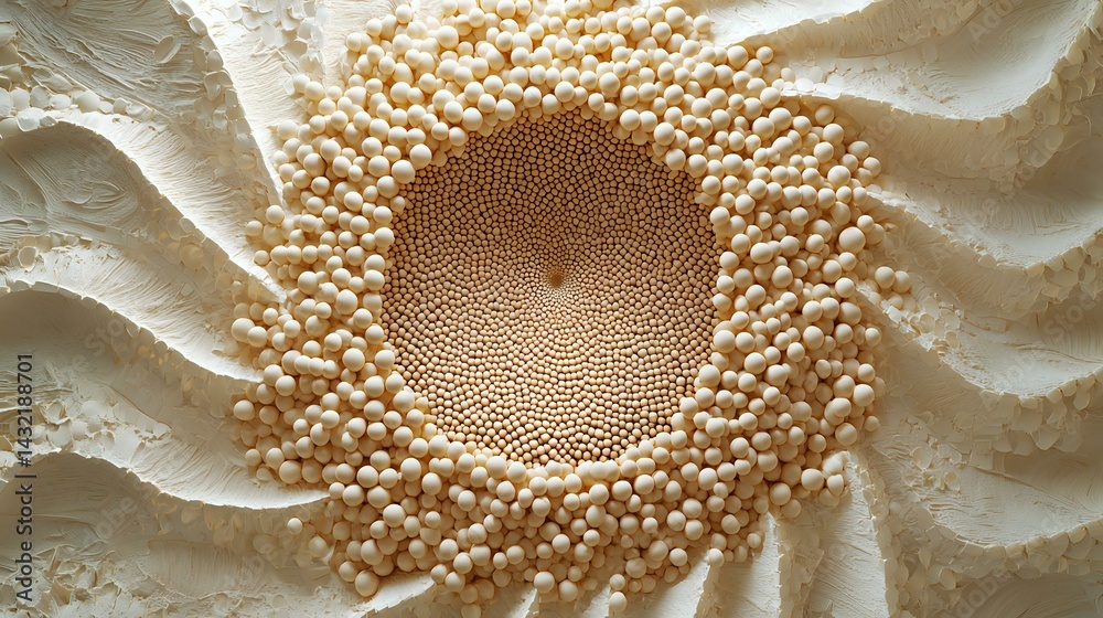 Poster macro view of abstract organic spiral pattern with tiny spherical particles forming concentric circl