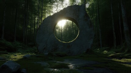 Large, circular stone, with a hole, in a dense forest