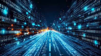 Digital binary code highway with glowing blue data streams and orange light trails flowing through cyberspace, representing high-speed internet connectivity.