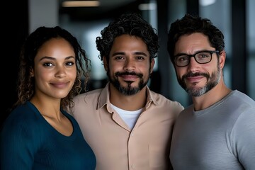 Fototapeta premium Diverse group of young professionals smiling at camera in modern office setting, showcasing workplace diversity and teamwork in corporate environment.