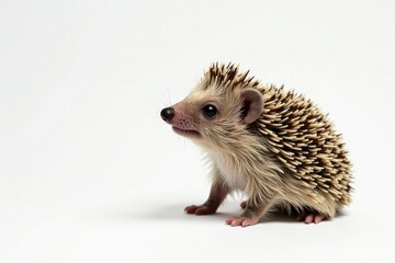 Obraz premium A single brown hedgehog sits on plain white, facing right , prickly, white background photo