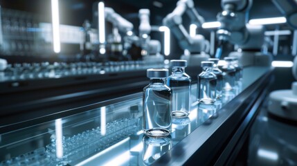 Fototapeta premium Vaccine vials on a conveyor belt, sterile lighting, robotic arms visible in the background, reflections on glass. Pharmaceutical facility.