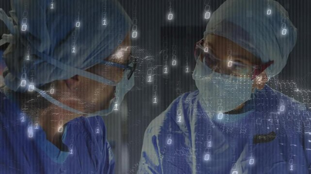 Female surgeons discussing medical procedure in operating room, showcasing binary code overlay