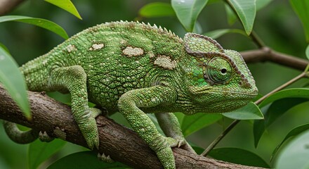 World Environment Day - A green chameleon rests on a branch surrounded by lush green foliage in a natural environment