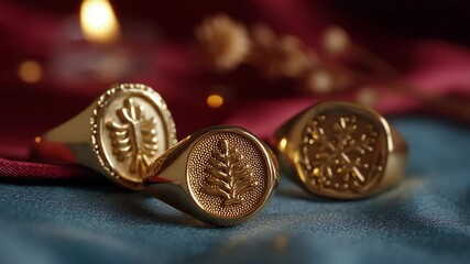 Three golden signet rings with engraved emblems against a softly draped backdrop in a warm, inviting light, detail rich jewelry - Powered by Adobe