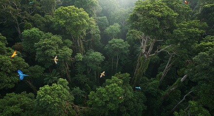 World Environment Day - Aerial view of a dense green rainforest canopy with colorful birds flying through the trees tops