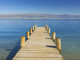 Fototapeta premium Serene wooden dock extending over tranquil lake towards majestic mountains under a clear blue sky. Perfect for peace, travel, and nature themes.