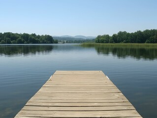 Fototapeta premium Serene lake view with wooden dock extending into calm water. Perfect for relaxation, travel, and nature themes.