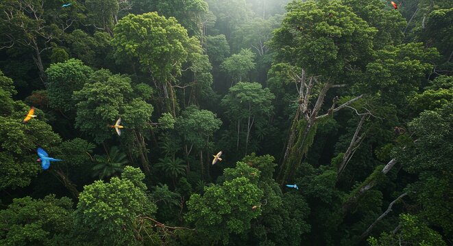 World Environment Day - Aerial view of a dense green rainforest canopy with colorful birds flying through the trees tops