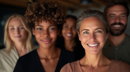Fototapeta premium Portrait of professionals collaborating in an office, smiling and looking at the camera, conveying teamwork, positivity, and a productive atmosphere.