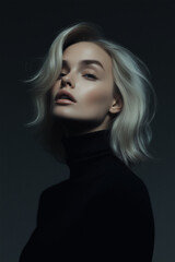 Fototapeta premium Portrait of a Young Woman in her Early Twenties with Platinum Blonde Hair, Wearing a Black Turtleneck, Dramatic Low-Key Lighting, Fashion Beauty, Studio Shot