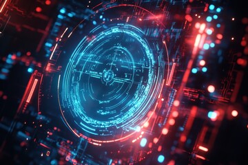 Fototapeta premium Digital circuitry with a central holographic circular interface.
