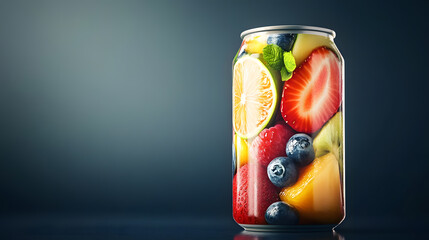 Fototapeta premium vibrant can of fruit drink with assorted fruits like strawberries, blueberries, and citrus on dark blue background