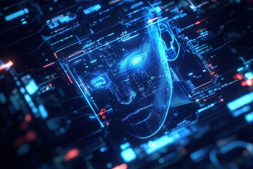 Digital face superimposed on a complex circuit board.