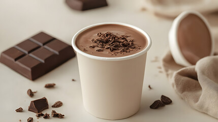 Creamy chocolate drink in paper cup with lifted lid, surrounded by chocolate pieces. Indulgent and inviting