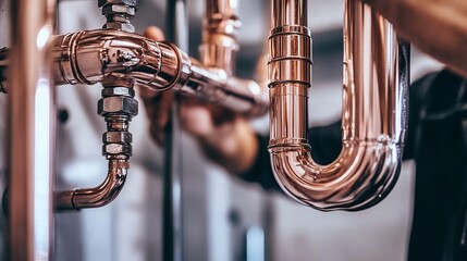 Closeup Shiny Copper Plumbing Pipes Installation Professional Workmanship Home Improvement New Construction Metal Pipes Industrial Design Detailed    