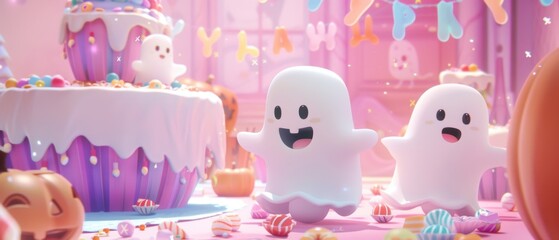 Pastel Halloween party time Cute ghost characters celebrating surrounded by candy and pastel decorations a friendly and fun ghostly gathering.