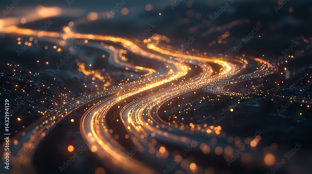 Poster glowing curved lines with golden light trails and bokeh particles creating dynamic movement against 