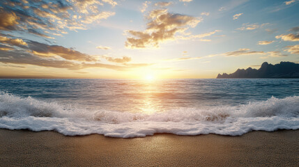 Fototapeta premium serene sunset over calm ocean, with gentle waves lapping at sandy shore