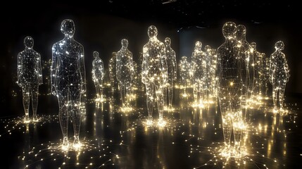 Glowing luminous human figures standing in darkness, radiating light particles and creating ethereal atmosphere. Artistic visualization of spiritual energy and consciousness.
