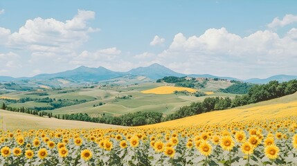 Sunflowers in Tuscany's rolling hills under a bright, sunny sky.  A picturesque landscape with a village in the distance.