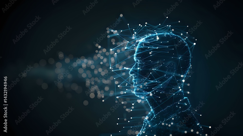 Poster digital network nodes forming glowing blue profile silhouette with particle effect dispersing agains