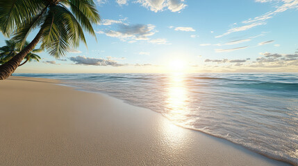 serene beach scene with gentle waves lapping shore, palm trees swaying breeze, and beautiful