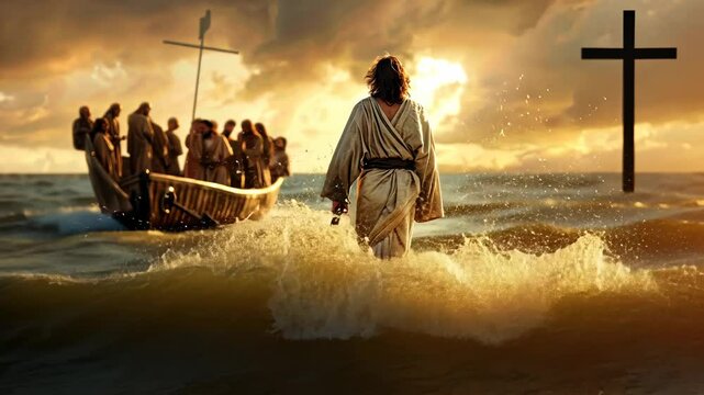 Jesus Walking on Water: A Divine Sunset Scene