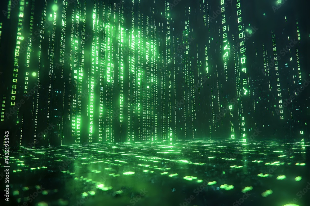 Poster digital green matrix rain with binary code streams falling on reflective surface, creating futuristi