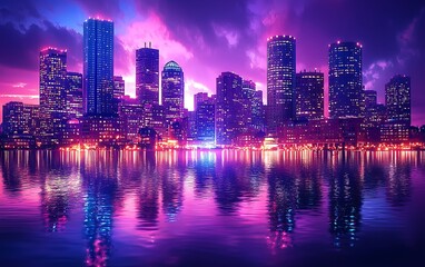 Fototapeta premium Vibrant city skyline reflected in tranquil water