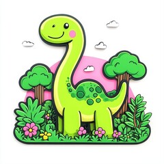 Naklejka premium Cute Cartoon Dinosaur Surrounded by Greenery and Colorful Flowers